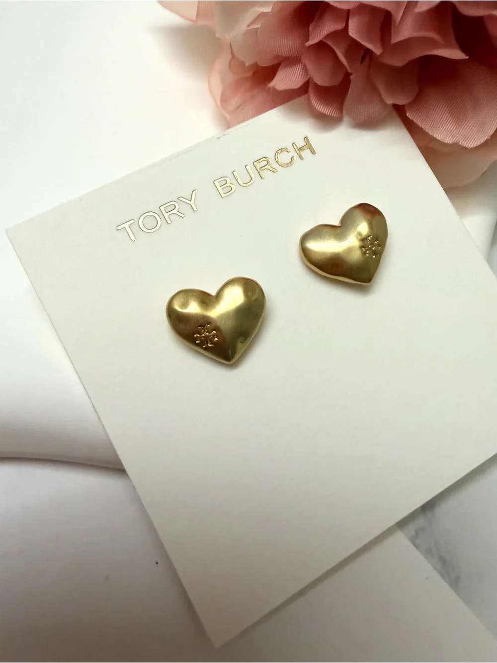 Tory Burch Gold Heart Stud Earrings with Logo Detail